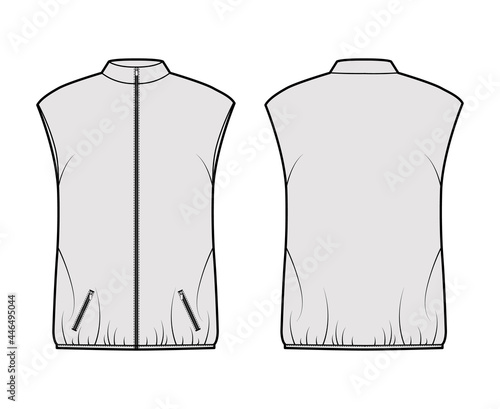 Down vest puffer waistcoat technical fashion illustration with sleeveless, zip-up closure, pockets, oversized, hip length. Flat template front, back, grey color style. Women men, unisex top CAD mockup
