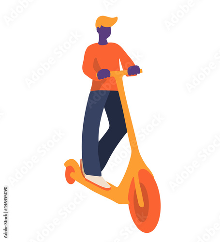 Man riding kick scooter. Accent on perspective. Flat vector illustration in simple abstract style for poster, flyer or sticker