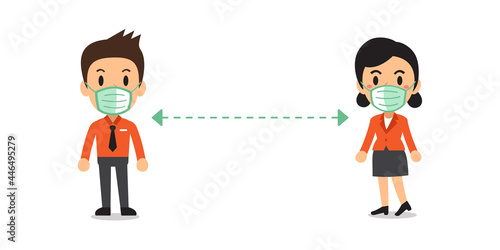 Vector cartoon business people wearing medical masks stand apart from each other for design.