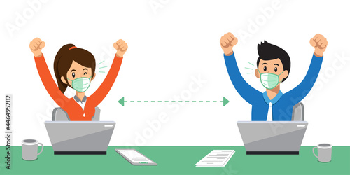 Business people in the workplace wearing medical masks are seated away from each other for design.