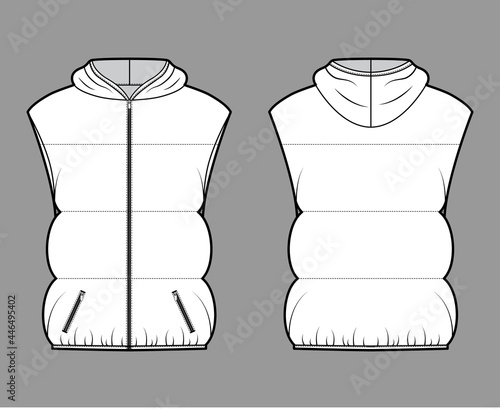 Down vest puffer waistcoat technical fashion illustration with hoody collar, zip-up closure, pockets, hip length, wide quilting. Flat template front, back, white color. Women men unisex top CAD mockup