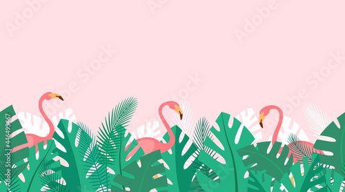 Horizontal repeated pattern with tropical plants and pink flamingos. Summer background with green palm leaves. Simple wallpaper, vector wallpaper 
