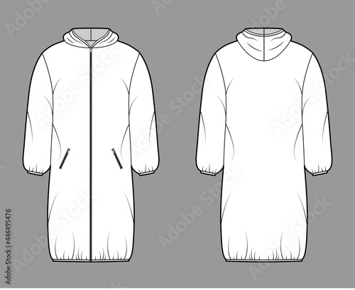 Hooded jacket Down puffer coat technical fashion illustration with long sleeves, zip-up closure, pockets, boxy fit. Flat template front, back, white color style. Women, men, unisex top CAD mockup