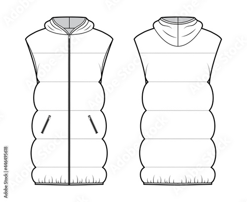 Down vest puffer Hooded waistcoat technical fashion illustration with sleeveless, pockets, hip length, wide quilting. Flat template front, back, white color style. Women, men, unisex top CAD mockup
