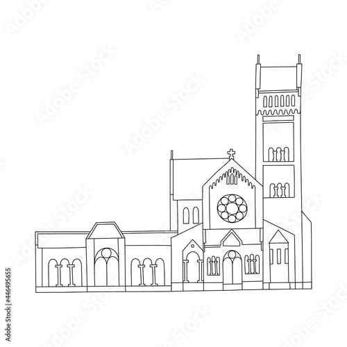 Vector line hand drawn illustration with The Red Church of St. Simon and Alena. Minsk, Belarus. Brick neo Gothic Roman Catholic temple