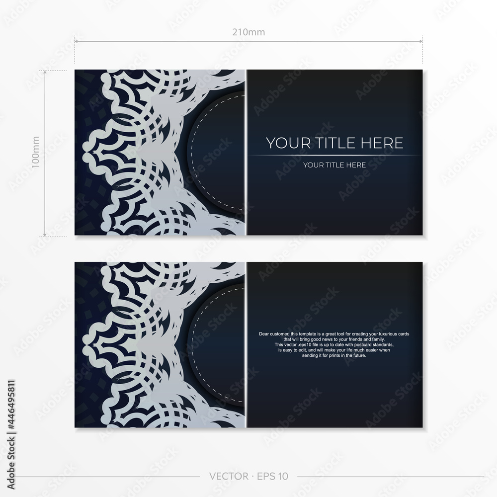 Dark blue postcard template with white abstract ornament. Elegant and classic vector elements are great for decoration.