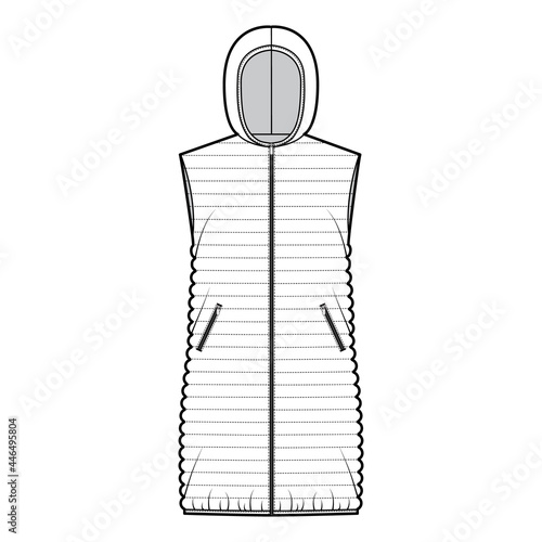 Down vest puffer waistcoat technical fashion illustration with hoody collar, pockets, loose fit, thigh length, narrow quilting. Flat template front, white color style. Women, men unisex top CAD mockup