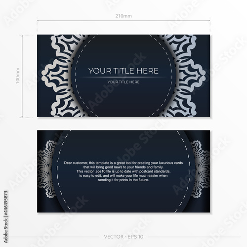 Dark blue postcard template with white abstract ornament. Elegant and classic vector elements ready for print and typography. © Javvani