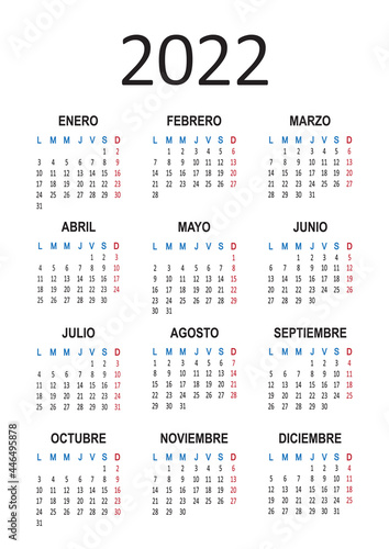 Spanish calendar 2022 year. Week starts from Monday. Vector illustration
