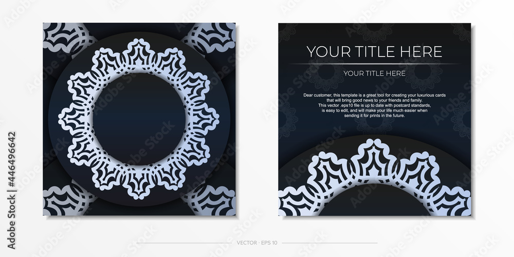 Dark blue postcard template with white Indian mandala ornament. Elegant and classic vector elements ready for print and typography.