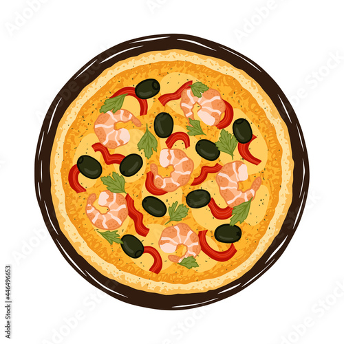 Vector illustration of hand drawn Seafood pizza. Tasty Italian pizza topped with mozzarella cheese, prawns, black olives, red bell pepper, parsley.