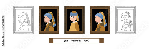 Portrait art collection. Girl with a pearl earring. Painting by the artist Vermeer. Vintage picture for decoration design. Vector flat style cartoon illustration.