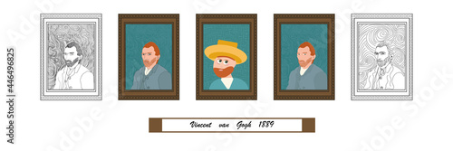 Vincent van gogh vector illustration. Artistic portrait. Picture collection. Cartoon style. Line drawing art. Coloring template. Blue background.