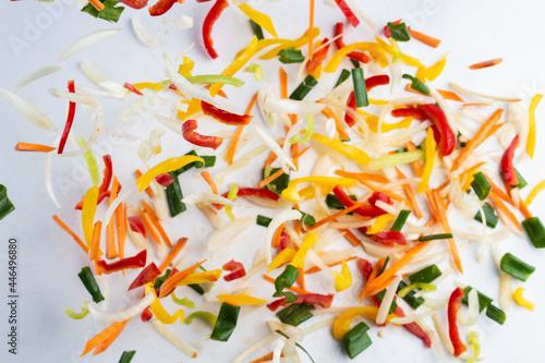Sauteed colorful vegetables, rustic pan. bell pepper, carrot, onion. fajitas