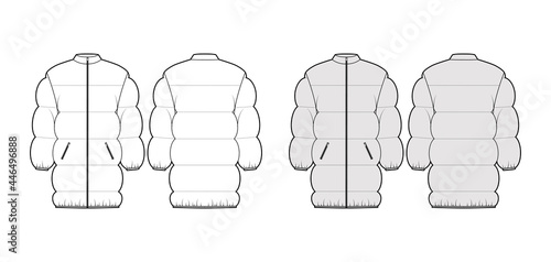 Down puffer jacket coat technical fashion illustration with long sleeves, stand collar, pockets, thigh length, wide quilting. Flat template front, back, white, grey color. Women, men, top CAD mockup