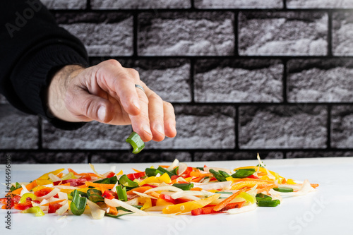 Sauteed colorful vegetables, rustic pan. bell pepper, carrot, onion. fajitas
