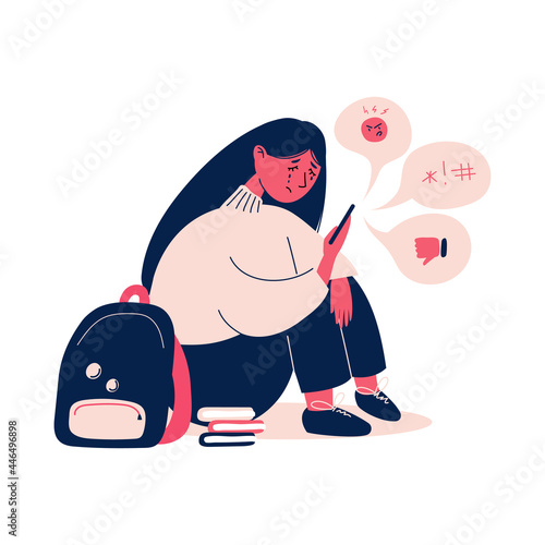 Teenage bullying. The girl is being bullied by schoolchildren. Cyberbullying of a person. The girl sits and cries from negative comments from society. Sadness, stress, anxiety. Vector flat illustratio