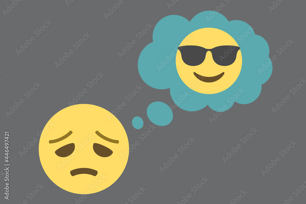 disappointed face emoji and thought bubble with smiling cool face with sunglasses on gray background,concept vector illustration