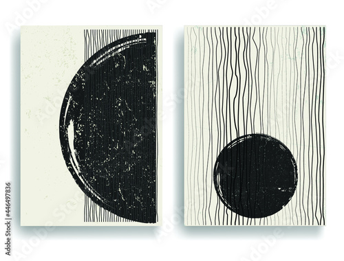 Modern poster with minimalist design elements . Grunge textured circle and lines in Boho style  . Wall art , home deco . Vector abstract shape.