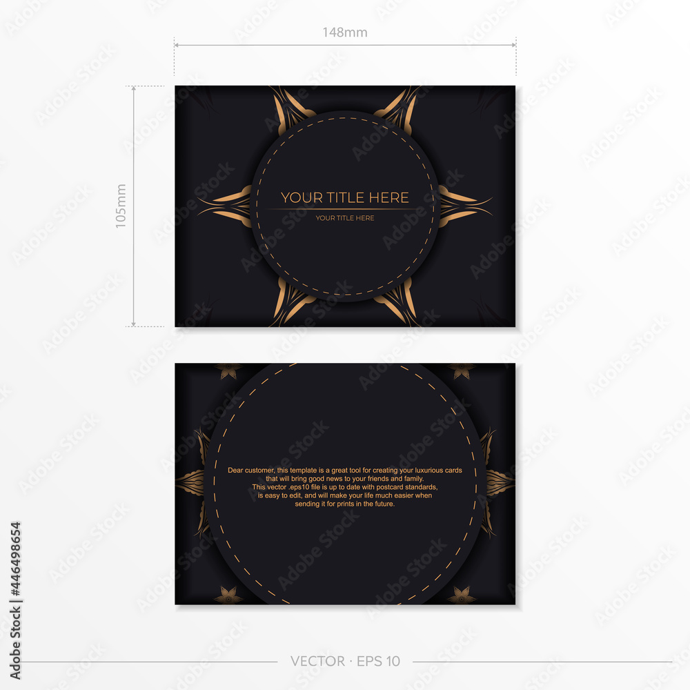 Luxurious black postcard template with vintage abstract mandala ornament. Elegant and classic vector elements are great for decoration.