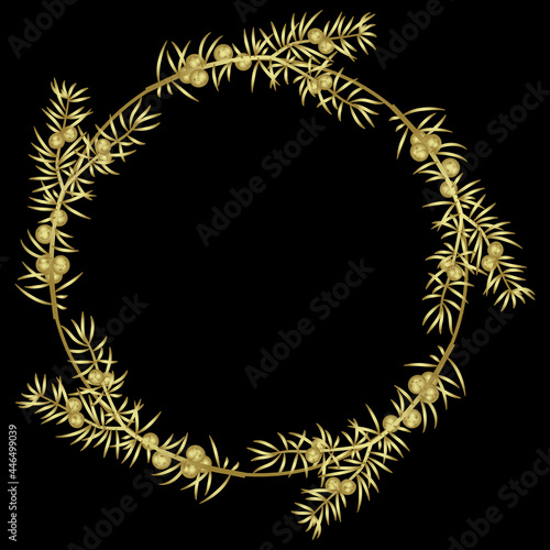 Round floral frame. Wreath of juniper branches. Golden glossy silhouette on black background.