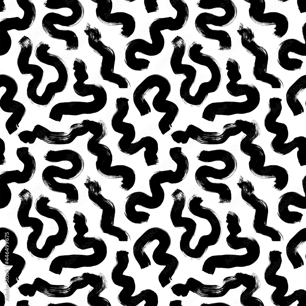 Black paint freehand scribbles vector seamless pattern. Wavy lines and round shapes, dry brush stroke texture. Abstract monochrome wallpaper design, trendy textile print. Wavy and swirled brush stroke Black paint freehand scribbles vector seamless pattern. Wavy lines and round shapes, dry brush stroke texture. Abstract monochrome wallpaper design, trendy textile print. Wavy and swirled brush stroke