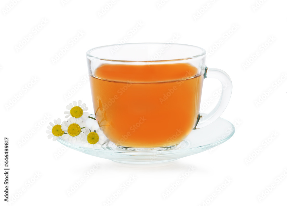 Chamomile tea, glass mug, transparent mug, isolated on a white background Chamomile tea, glass mug, transparent mug, isolated on a white background