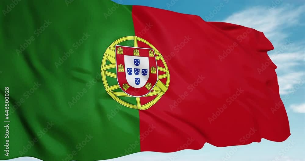 Flag of Portugal waving on blue sky 3d animation. The emblem of Portugal flag. Seamless looping Portuguese flag animation 4k Flag of Portugal waving on blue sky 3d animation. The emblem of Portugal flag. Seamless looping Portuguese flag animation 4k