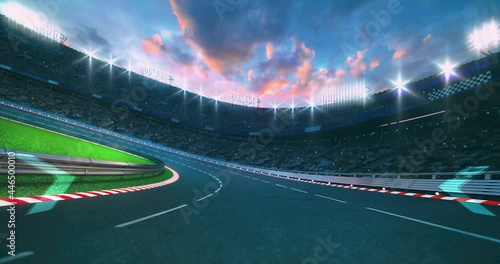 White dashed line on curved asphalt race track with fans on racing stadium. Professional racing sport 4k loop animation.	