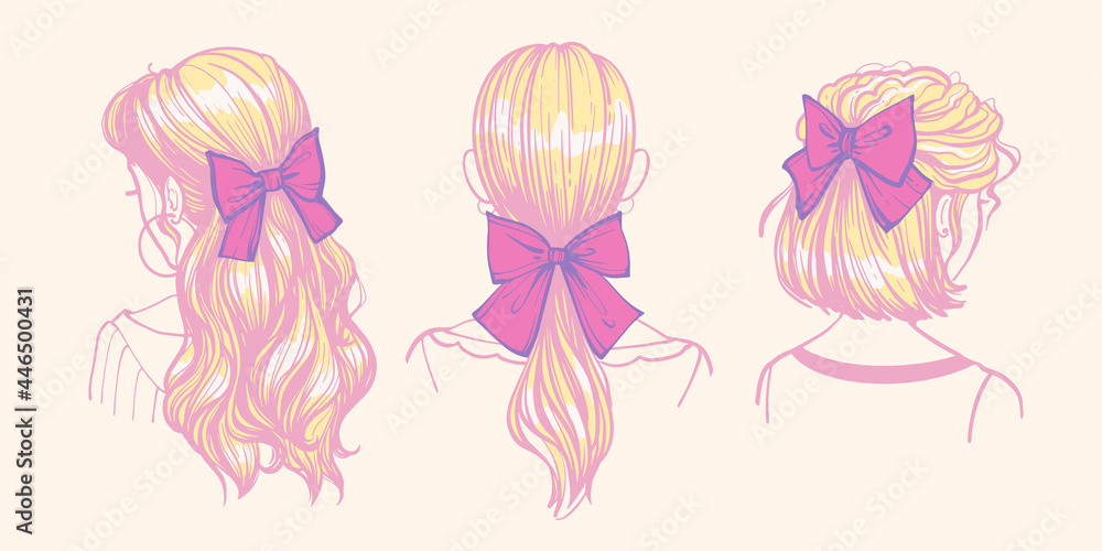 Hairstyles with bows and ribbons. Cute trendy womens hairstyles with hair accessories, hairstyle ideas. Set of vector Hand drawn doodle illustrations of girls with bows.