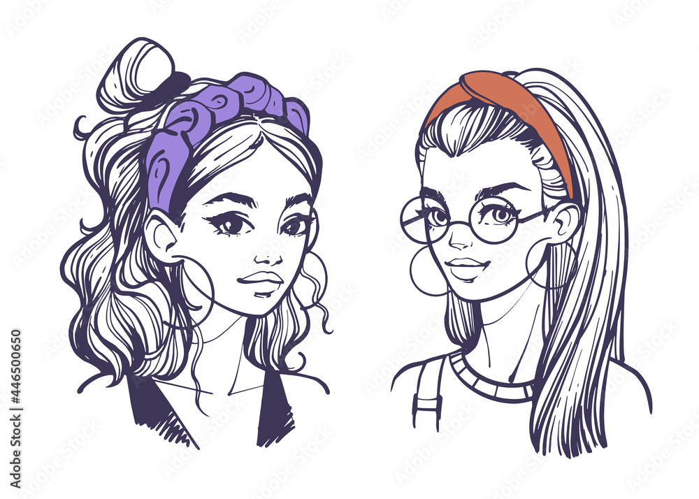 Hairstyles with headbands. Portraits of young girls with hair accessories isolated on white. Hand drawn doodle vector illustration with trendy female faces.