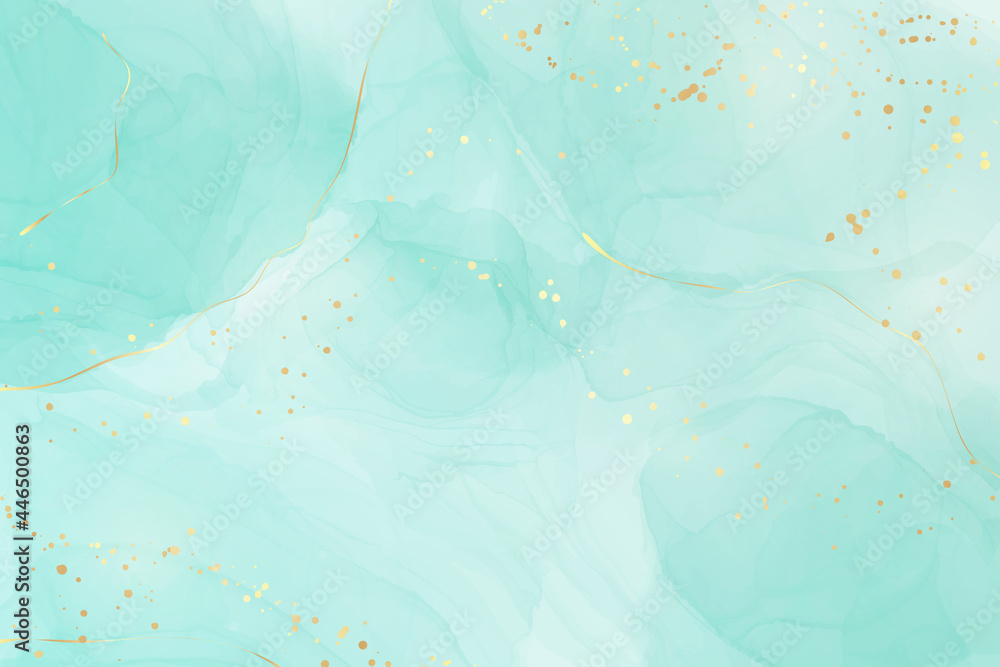 Pastel cyan mint liquid marble watercolor background with gold lines and brush stains. Teal turquoise marbled alcohol ink drawing effect. Vector illustration backdrop, watercolour wedding invitation - obrazy, fototapety, plakaty 