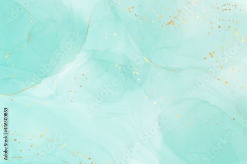 Pastel cyan mint liquid marble watercolor background with gold lines and brush stains. Teal turquoise marbled alcohol ink drawing effect. Vector illustration backdrop, watercolour wedding invitation photo