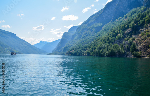 Beautiful nature natural landscape of the branch of Sognefjord famous for his beautiful boat trip through the fjord on summer day. Norway.