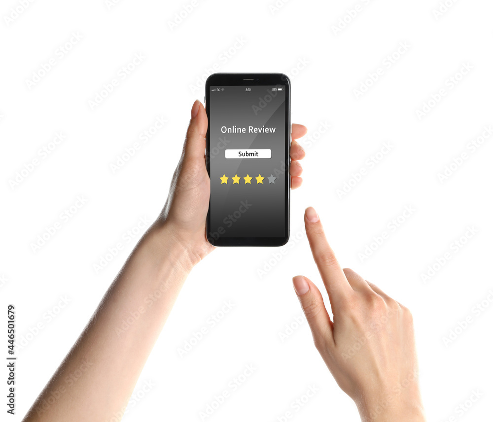 Woman using smartphone to give feedback on white background, closeup. Customer review Woman using smartphone to give feedback on white background, closeup. Customer review