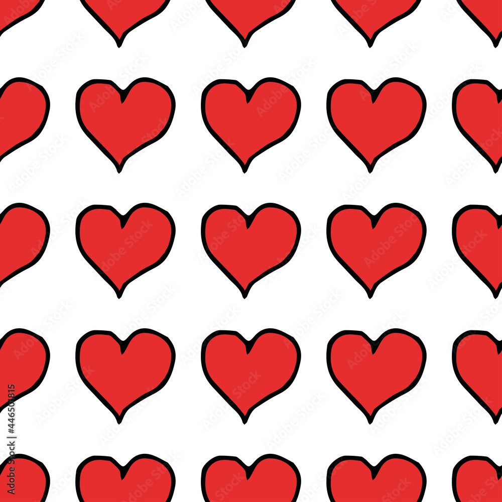 Red hearts pattern. Seamless vector pattern with red hearts. Doodle vector with hearts icons on white background. Vintage hearts pattern, sweet elements background for your project, menu, cafe shop. 