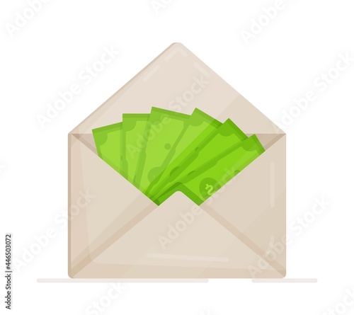 Flat style vector illustration. Opened envelope with money. Dollar bills. Concept of wages, earnings and savings. 