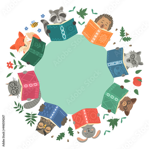 Wreath of animals reading books with place for your text. Cat, hare, fox, owl, rabbit, wolf, boar, racoon, hedgehog. Education, reading concept. 
