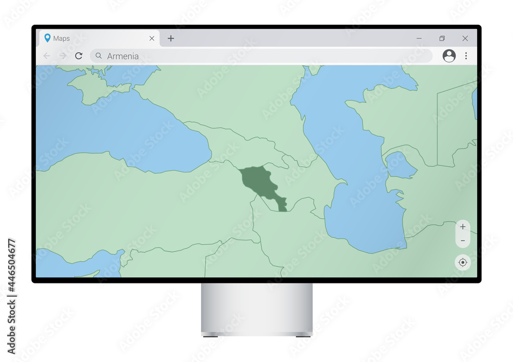 Computer monitor with map of Armenia in browser, search for the country of Armenia on the web mapping program. Computer monitor with map of Armenia in browser, search for the country of Armenia on the web mapping program.