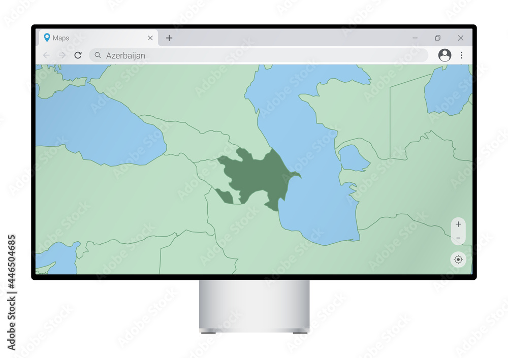 Computer monitor with map of Azerbaijan in browser, search for the country of Azerbaijan on the web mapping program. Computer monitor with map of Azerbaijan in browser, search for the country of Azerbaijan on the web mapping program.