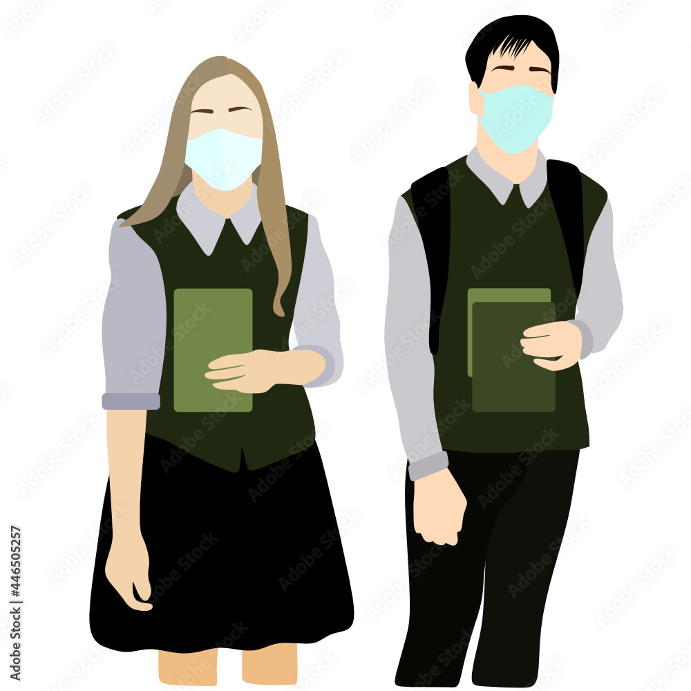 School girl and school boy or students in mask svg vector illustration School girl and school boy or students in mask svg vector illustration