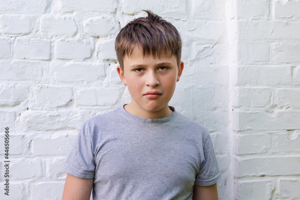 sad boy on background of brick wall. child writhes funny faces. Teenager's emotions sad boy on background of brick wall. child writhes funny faces. Teenager's emotions