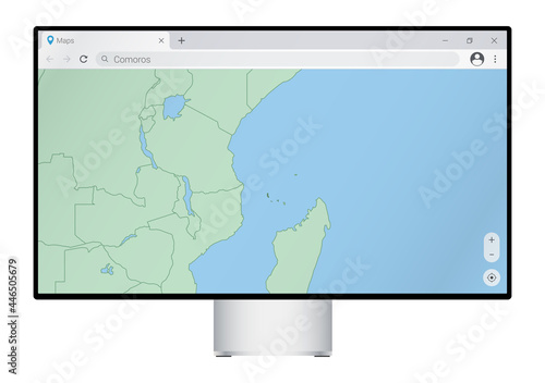 Computer monitor with map of Comoros in browser, search for the country of Comoros on the web mapping program.