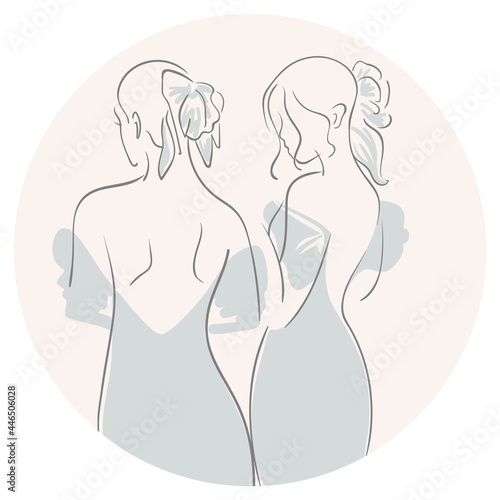 Continuous line drawing. Women standing back. Soft color vector illustration