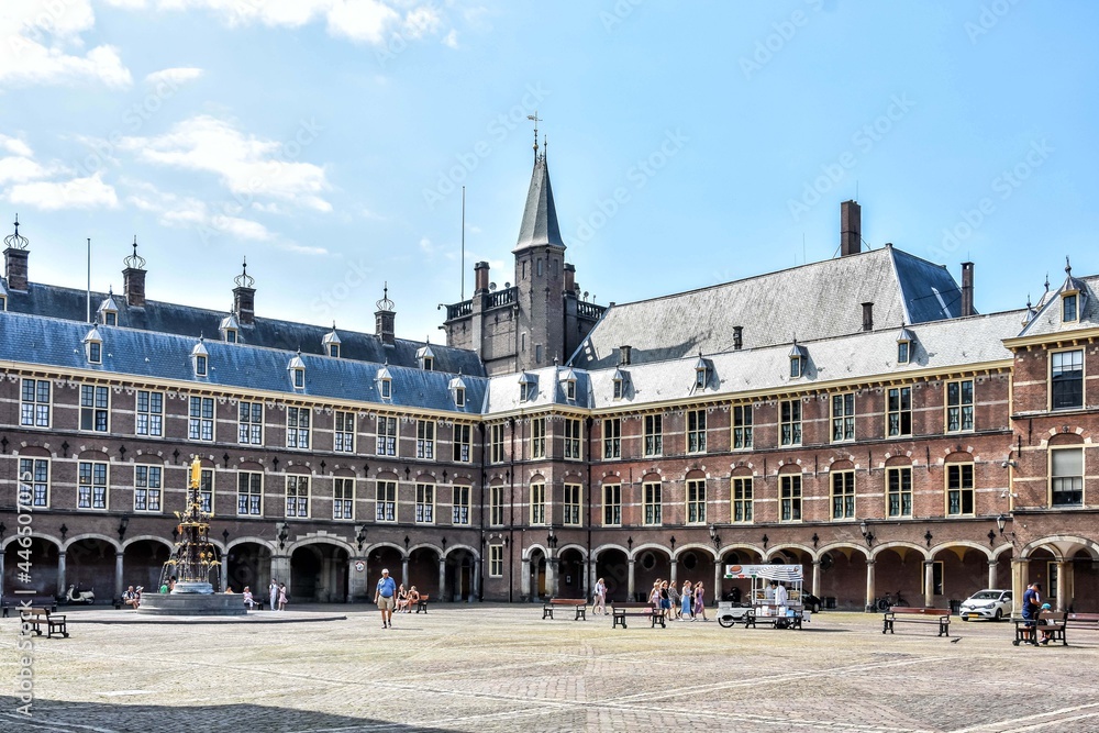 The Binnenhof (Inner Court) in City center of The Hague. Netherlands. With its parliament buildings, the heart of Dutch Democracy, where many tourists come every day. Holland, Europe