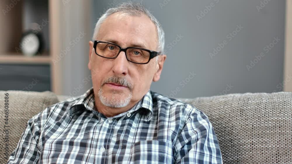 Portrait of focused bearded 70s grandfather in eyeglasses posing sitting on couch at home closeup Portrait of focused bearded 70s grandfather in eyeglasses posing sitting on couch at home closeup
