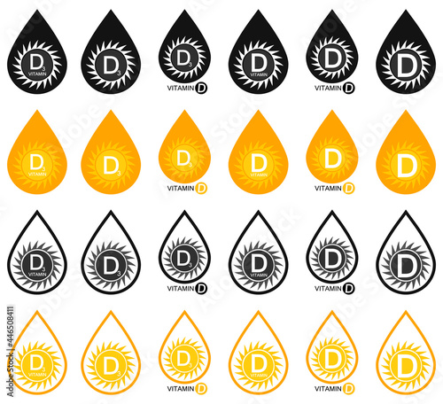 Set vitamin d icons. Collection D3 production symbols. Vector signs.