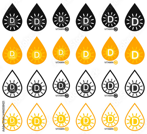 Set vitamin d icons. Collection D3 production symbols. Vector signs.