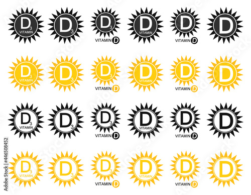 Set vitamin d icons. Sun with symbol D3. Vector signs.