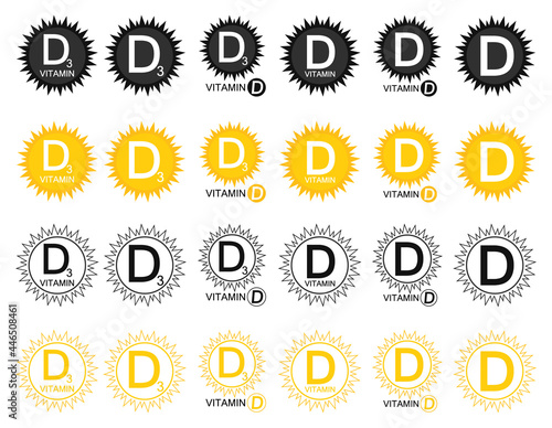 Set vitamin d icons. Sun with symbol D3. Vector signs.